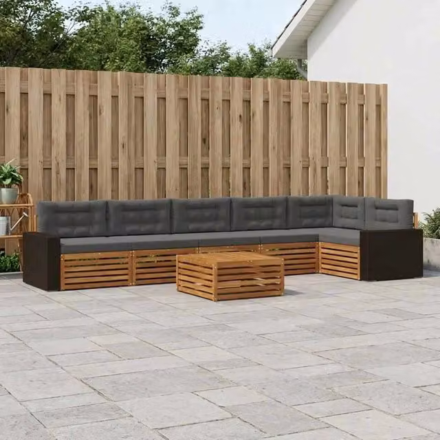 Set di divani da esterno a L vidaXL in legno di acacia con 7 pezzi, colore beige e antracite, comprensivo di cuscini e tavolino da caffè
