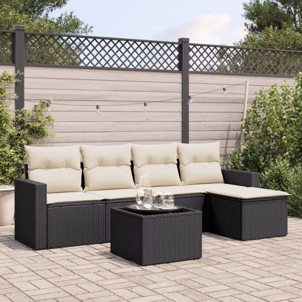 vidaXL Set Divano da Giardino a L 6 pz con Cuscini e Tavolino, Nero e Bianco, in Polyrattan con Struttura in Acciaio Verniciato a Polvere – 1