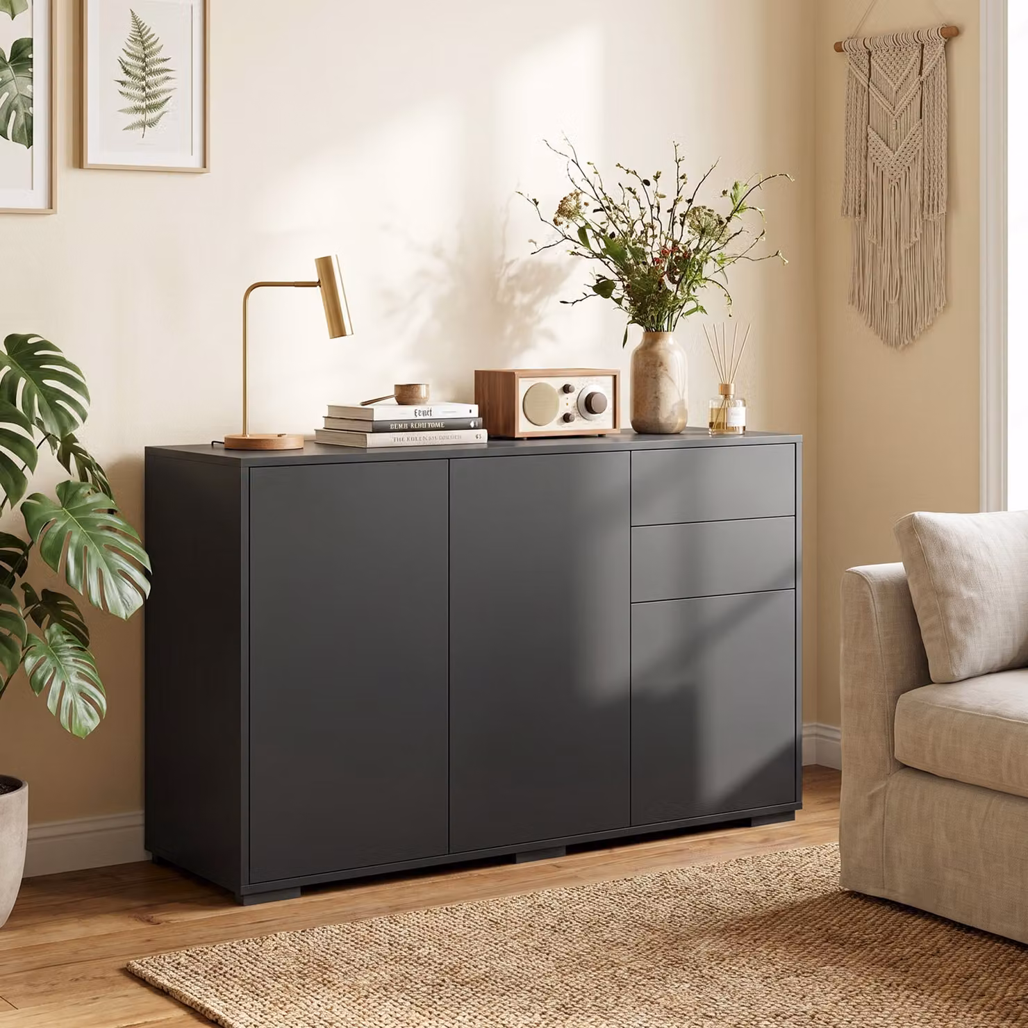 Buffet mobile HOMCOM nero con 2 cassetti, 3 ante e ripiano regolabile, L: 117 cm, P: 36 cm, H: 74 cm – 2
