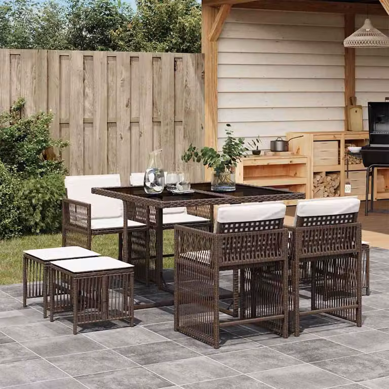 Set da Pranzo da Giardino vidaXL in Polyrattan Marrone e Bianco con 9 Pezzi e Cuscini