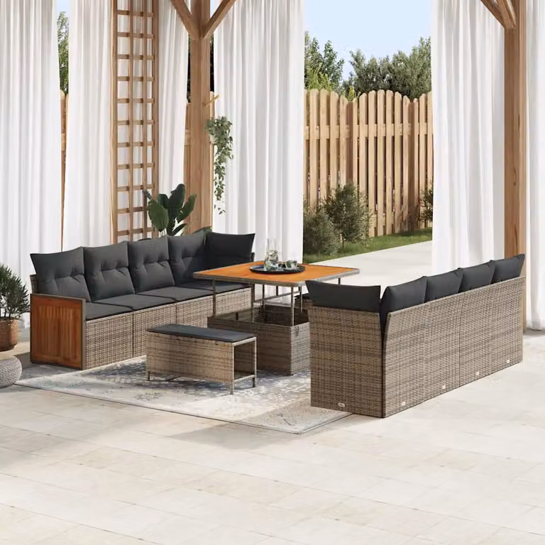Set Divano da Giardino a L vidaXL Grigio con Cuscini e Tavolino, L/P/H: 231 x 224 x 85 cm