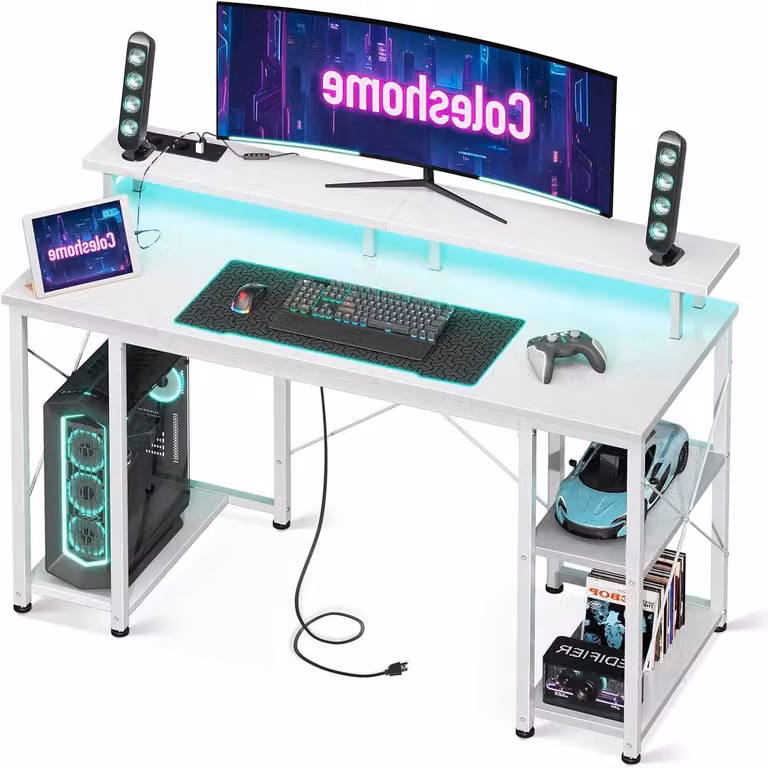 Tavolo da gioco - Scrivania da gaming - Scrivania per computer - Tavolo da gioco - Scrivania da lavoro - Bianco - 120x50 cm - Illuminazione LED