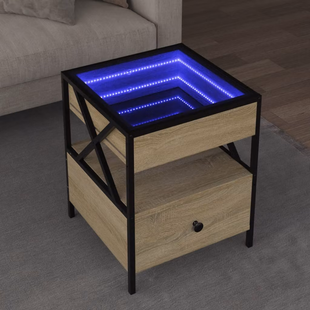 vidaXL Tavolino da Salotto Infinity Rovere con LED e Piano in Vetro, L/P/H: 40 x 40 x 51 cm