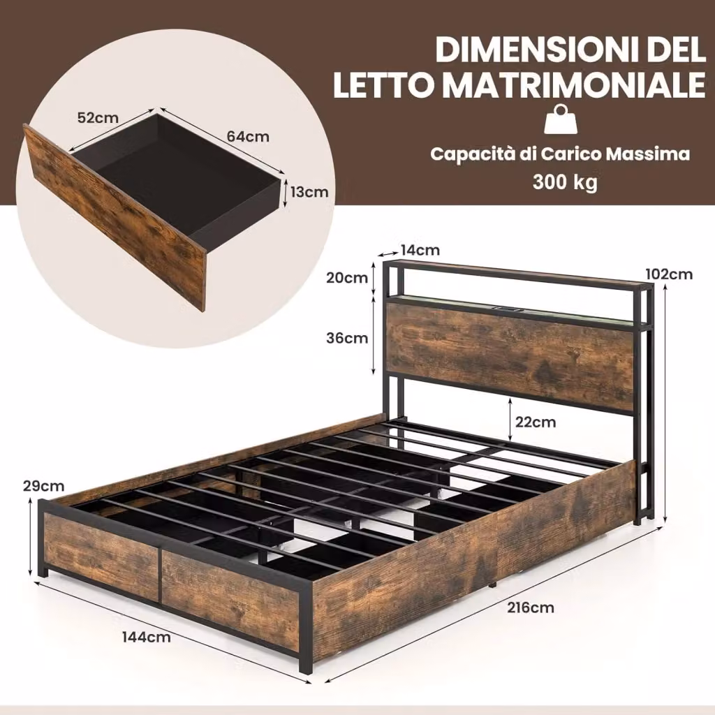 Letto matrimoniale Costway con cassetti, testiera con luci LED, presa USB e mensola, struttura in metallo marrone, H x L x P: 102 x 144 x 216 cm – 2