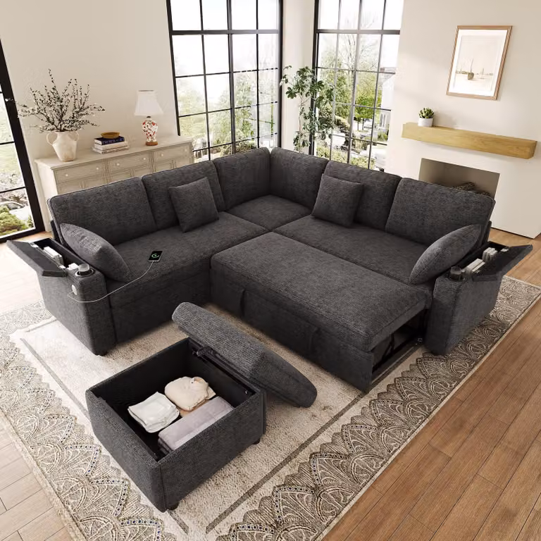 Divano letto a forma di L con cuscino lombare e cuscini, divano angolare con poggiapiedi contenitore, divano classico con porta USB/Type-C, grigio