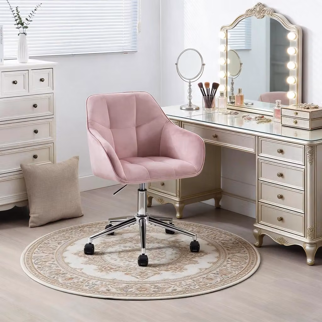 Sedia da ufficio ergonomica WISHDOR in velluto rosa con ruote e base in metallo, girevole a 360° L/P/H: 40,5 x 40 x 85 cm – 2