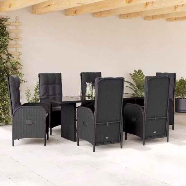 Set da Pranzo da Giardino vidaXL in Polyrattan Nero con Cuscini e Tavolo in Vetro, 7 Pezzi – 1