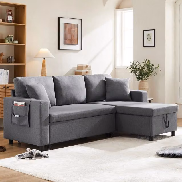 Divano letto angolare con contenitore e chaise longue reversibile 219;5x142;5x83 cm; grigio scuro