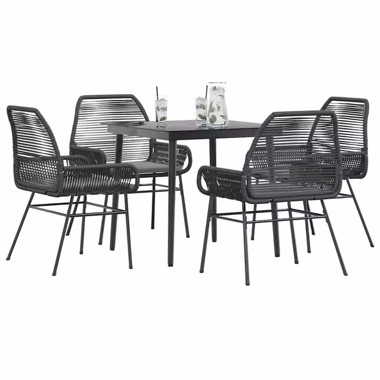 Set da pranzo da giardino vidaXL in polyrattan con cuscini e tavolo in vetro, 5 pezzi, grigio e nero