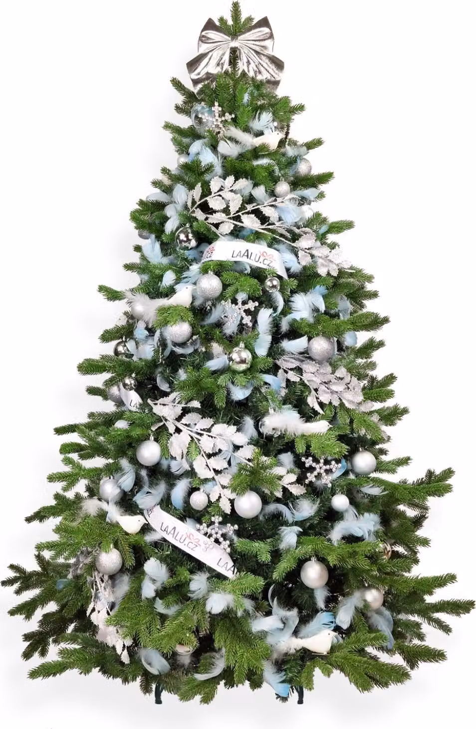 Albero di Natale artificiale decorato con 131 ornamenti ARGENTO CELESTE 240 cm con supporto e ornamenti natalizi