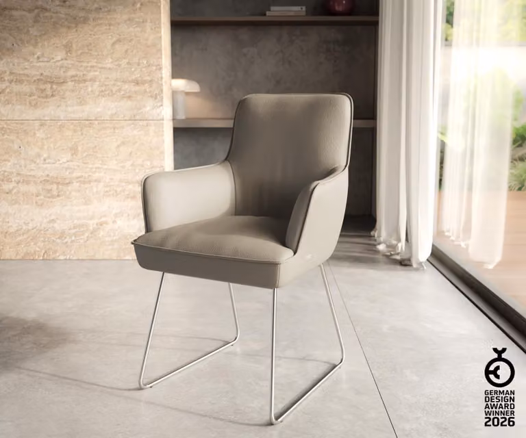 Sedia da pranzo DELIFE Heira-Flex con braccioli in vera pelle color fango, telaio a slitta in acciaio inossidabile, molle insacchettate