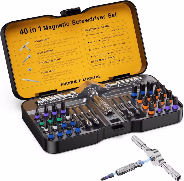 Set di cacciaviti 40-in-1, con punte magnetiche, manico a cricchetto removibile, 38 pezzi, ideale per il fai-da-te