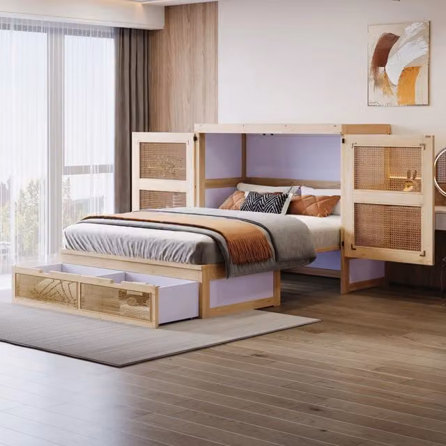 Letto a scomparsa verticale 140x200 con contenitore e ante in rattan
