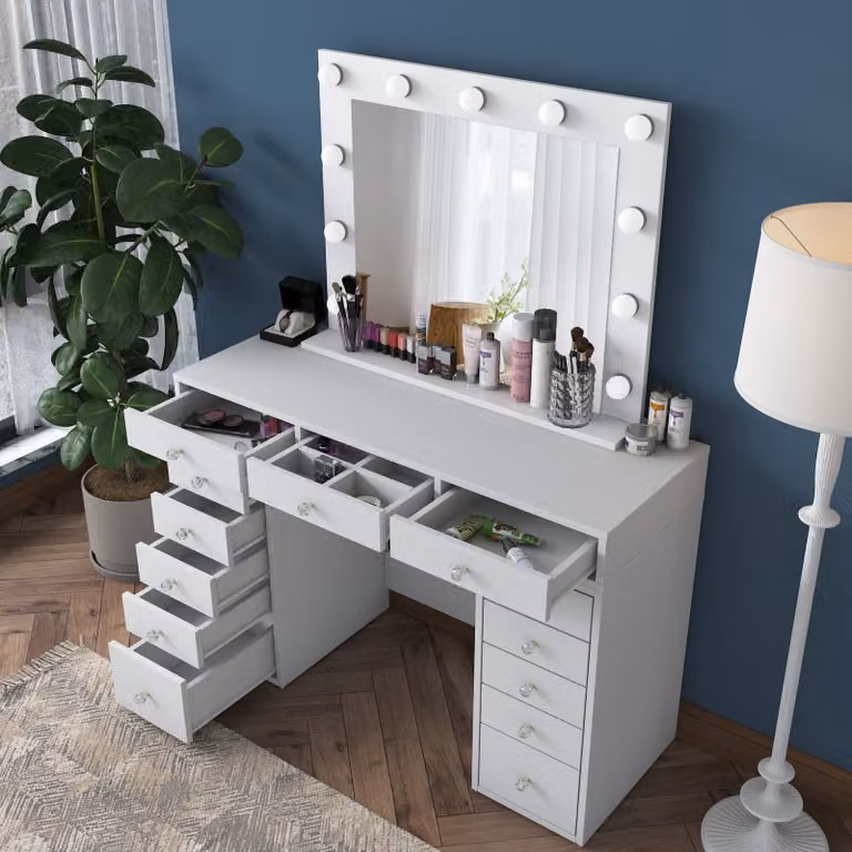 Skye Decor, Comò da trucco di alta qualità, bianco, 120 cm, 11 luci, qualità E1
