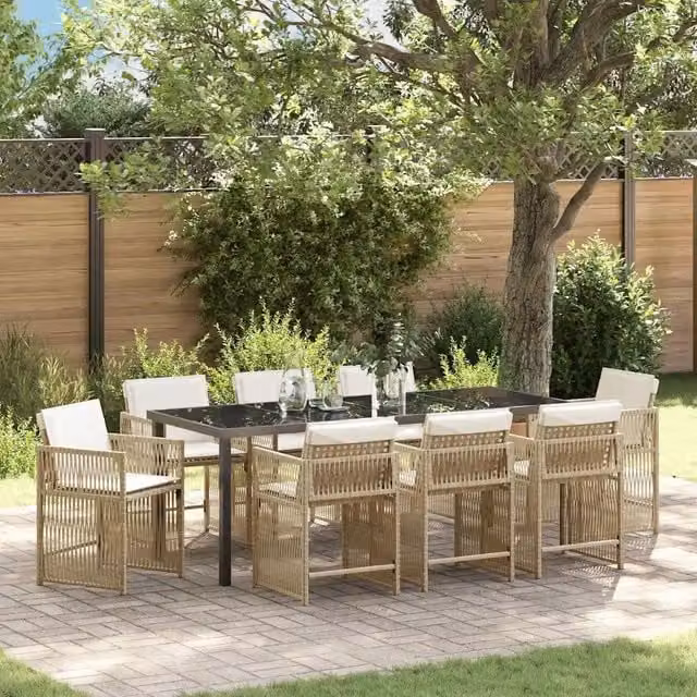 Set da pranzo per giardino e terrazzo vidaXL in polyrattan beige con piano in vetro, 9 pezzi – 1