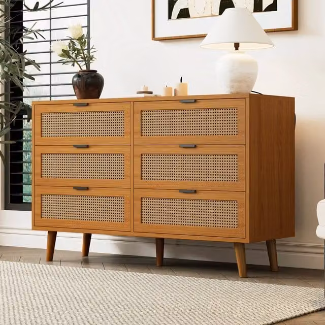 Cassettiera con 6 cassetti e maniglie in metallo stile retrò per camera da letto soggiorno in truciolato noce 120 × 40 × 76,5 cm