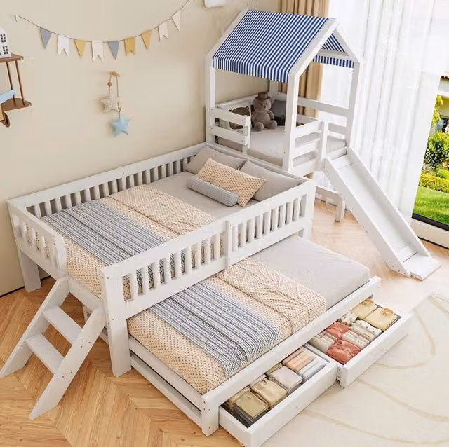 Letto a castello per bambini bianco con scivolo, letto estraibile e cassetti