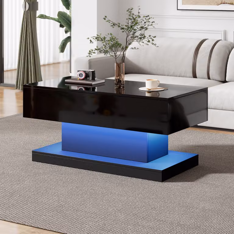 MODFU Tavolino da salotto Tavolino LED per soggiorno, camera da letto, Tavolino da tè lucido con tavolino laterale - sollevamento idraulico e spazio di archiviazione, Nero