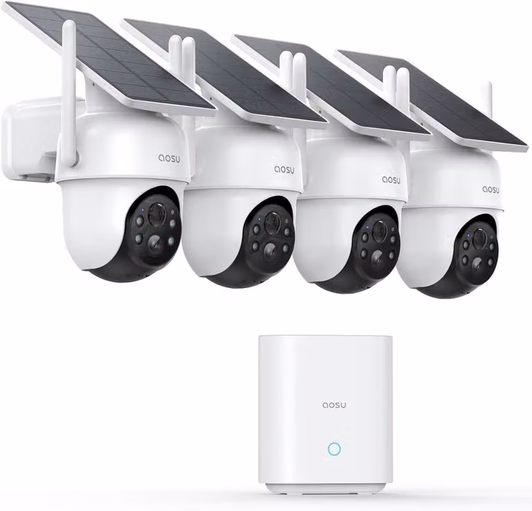Telecamera di sicurezza 2K, Wi-Fi, per uso esterno, wireless, set di 4 telecamere con base aosuBase, senza costi mensili, rotazione a 360° con tracciamento automatico, telecamera solare da 3 MP