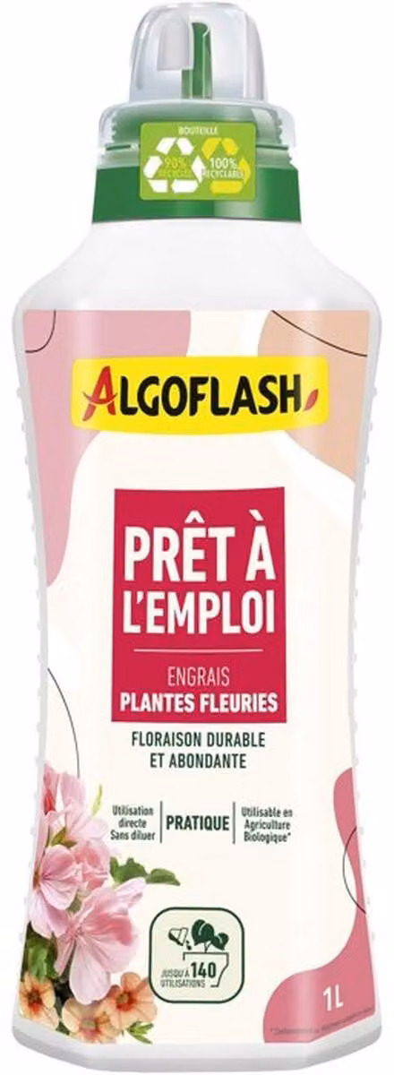 ALGOFLASH, concime liquido per piante da fiore, pronto all'uso, 1 litro, adatto per interni ed esterni, con tappo dosatore integrato