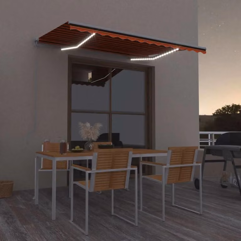 Tenda da sole retrattile vidaXL con LED, arancione, marrone e bianco, in alluminio e poliestere, L: 350 cm, P: 250 cm