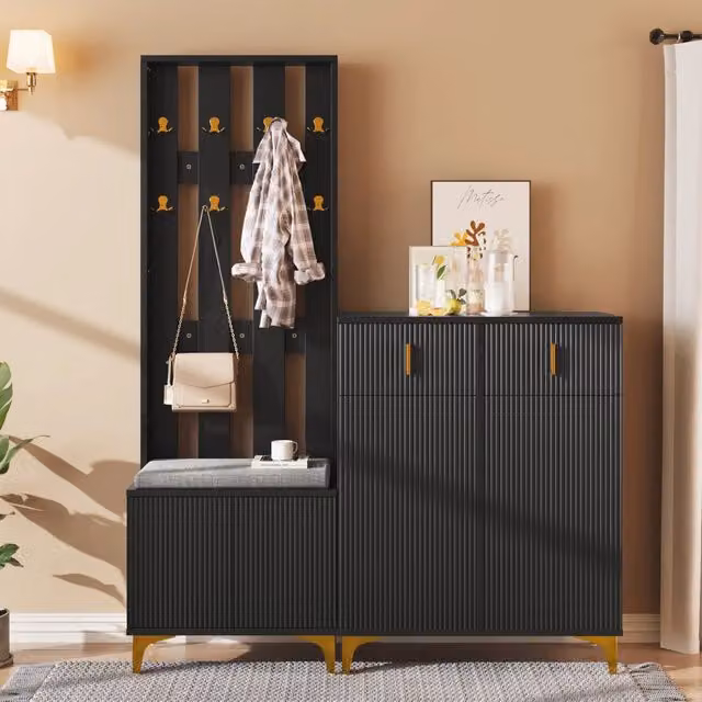 Set guardaroba da ingresso nero con panca scarpiera con cuscino e appendiabiti; mobile con cassetti; 143;5x180;5x35;2 cm