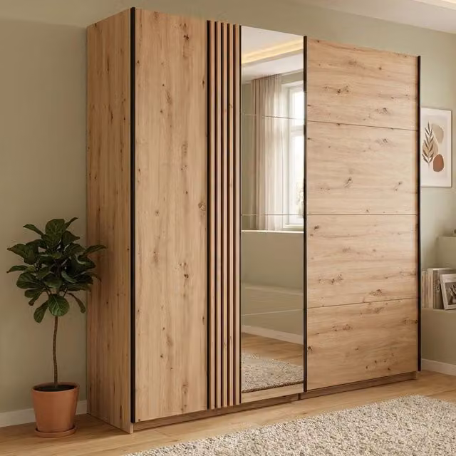 Armadio da camera da letto DMORA Nucetto con ante scorrevoli in rovere marrone, L: 220 cm, H: 217,5 cm