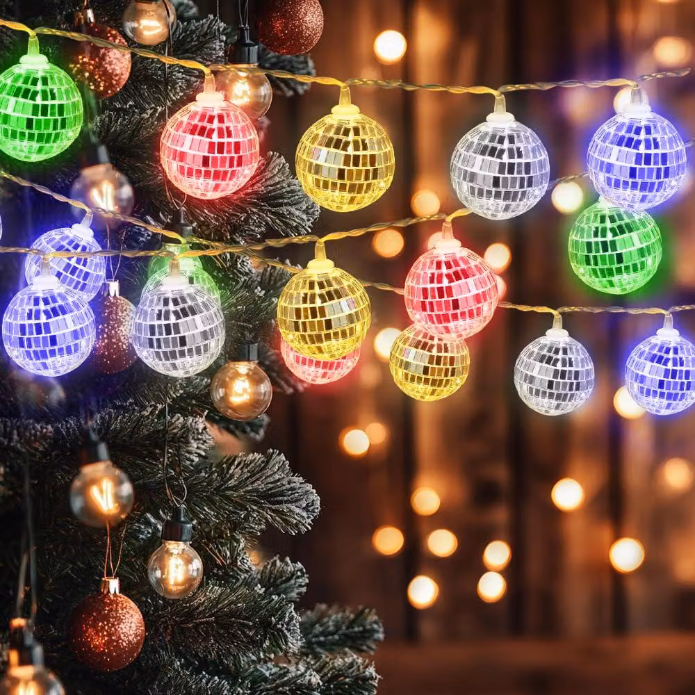 Catena luminosa a LED a forma di sfera disco, 1,5 metri, 10 luci, multicolore, alimentata a batteria