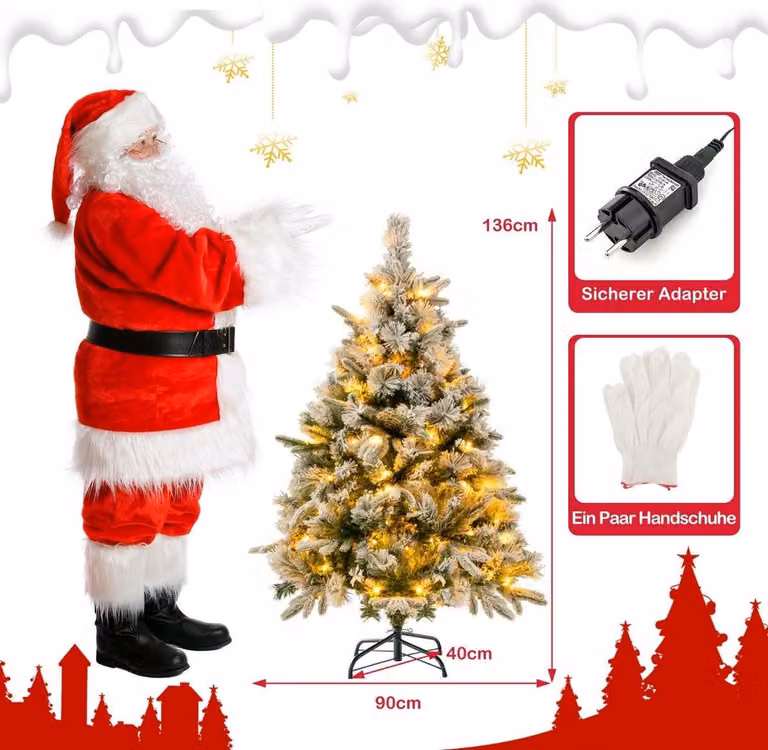 Albero di Natale artificiale da 136 cm con neve e 150 luci LED bianche calde verdi