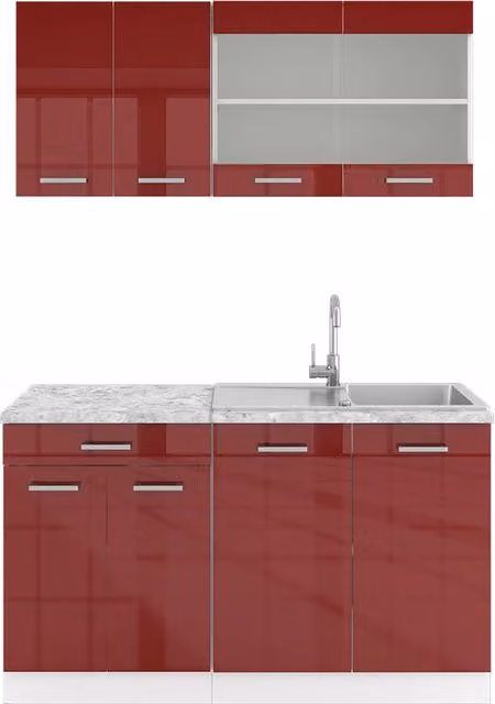 Cucina completa R-Line Rosso lucido/Bianco 140 cm, PL Marmo Vicco