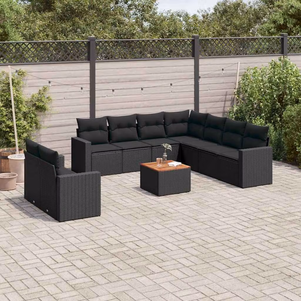 Set di Divani da Giardino vidaXL 10 Pezzi in Polyrattan Nero con Cuscini e Tavolino da Esterno a Forma di L – 1