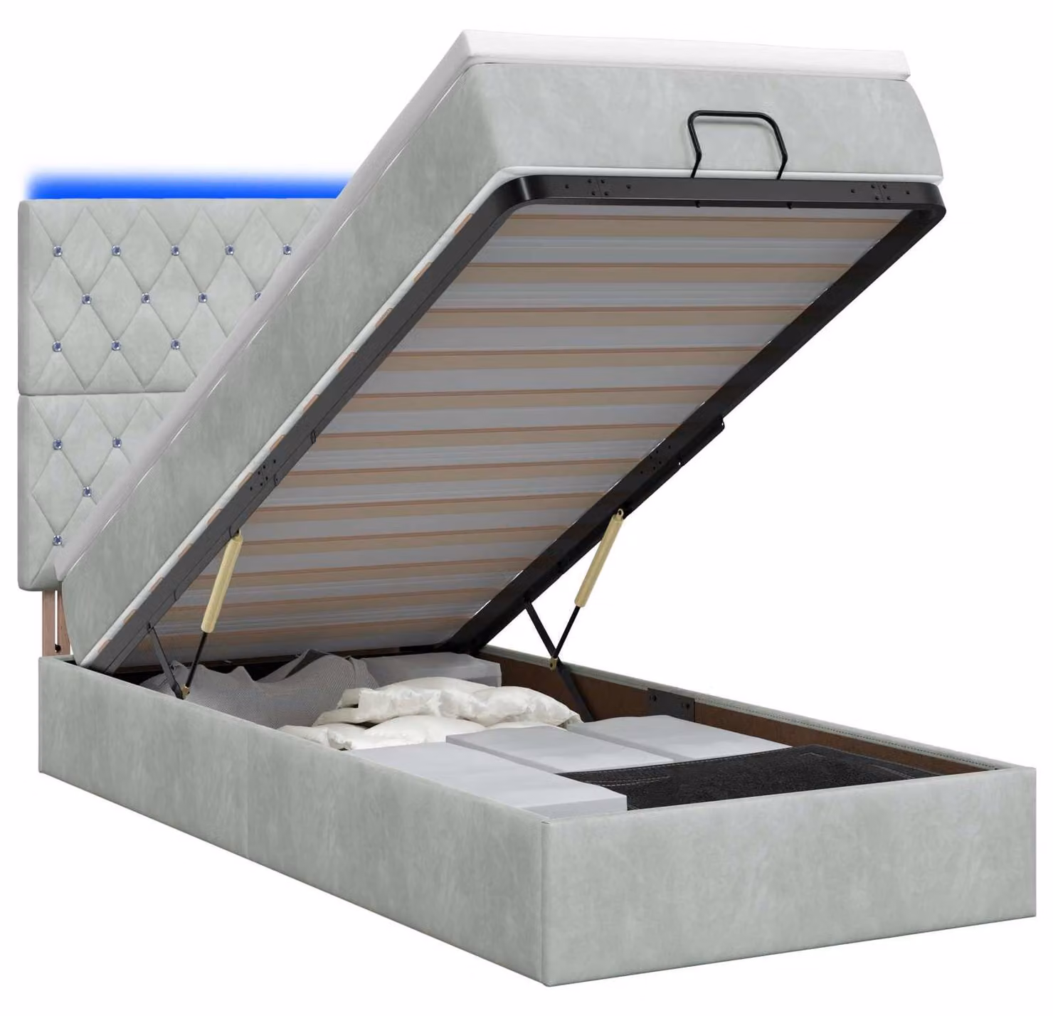 Letto con contenitore e materasso LED, colore grigio chiaro, dimensioni 80 x 200 cm