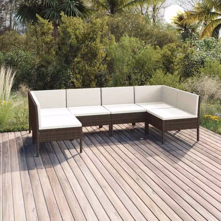 Set Divani da Giardino vidaXL 6 pz a Forma a L con Cuscini, Struttura in Metallo e Polyrattan Marrone e Bianco
