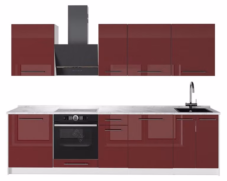 Cucina componibile Vicco Fame-Line Bordeaux lucido/Bianco 280 cm, PL Marmo, Model 64238