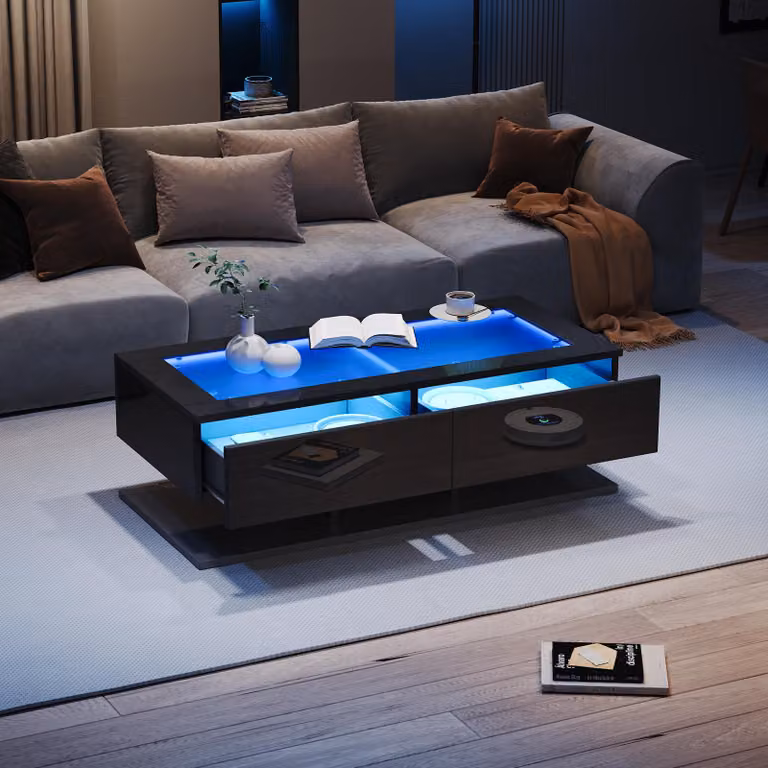 Tavolino Merax 100x50x35 cm con 2 cassetti lucido, tavolino con illuminazione a LED controllabile tramite app, piano in vetro temperato, fino a 45 kg nero