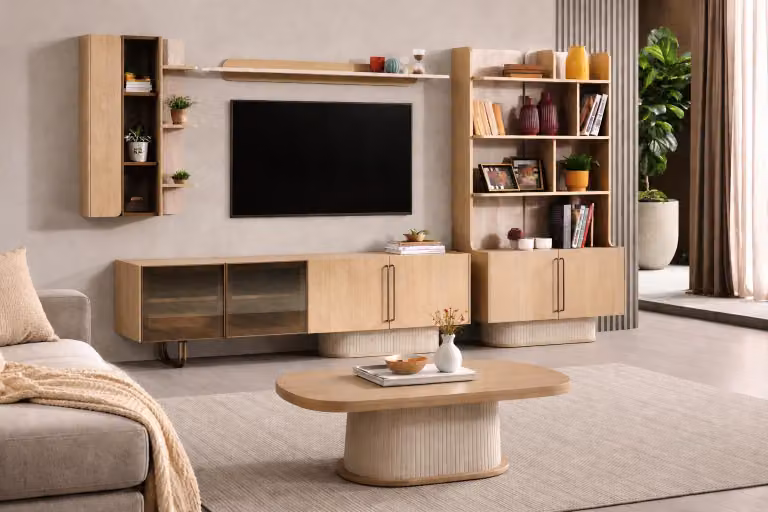 Elegante set per soggiorno, composto da un mobile basso per la TV, un tavolino e mensole a parete