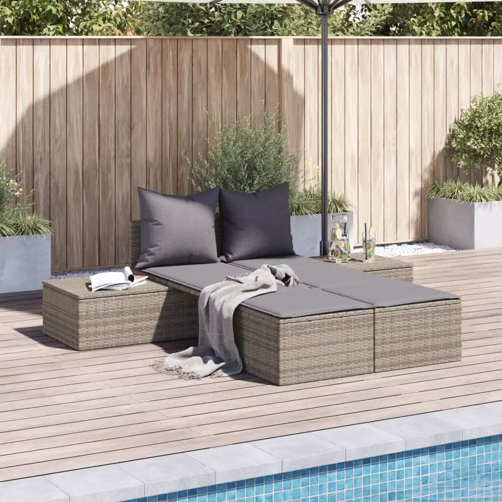 vidaXL Lettino Prendisole Doppio in Polyrattan Grigio con Cuscini in Tessuto Resistente ai Raggi UV