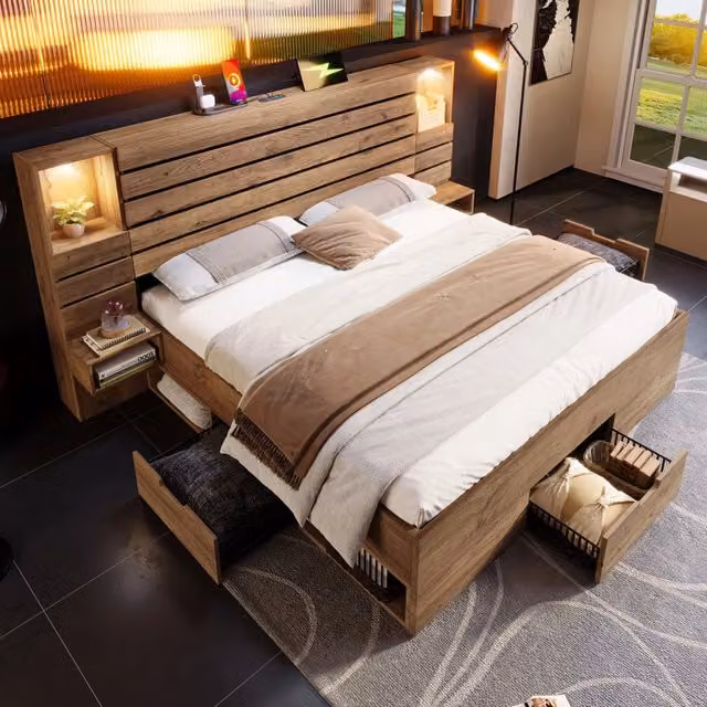 Letto per adulti 180x200 cm con downlight LED; USB e Type-C; cassetti; vani e metallo effetto rovere
