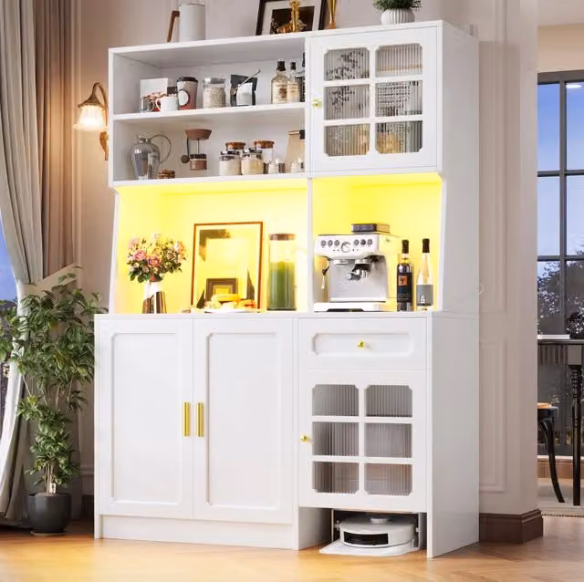 Mobile da cucina ULEVR 130x45x180 cm con ante in vetro, cassetti, vani aperti e LED controllabile tramite app, bianco