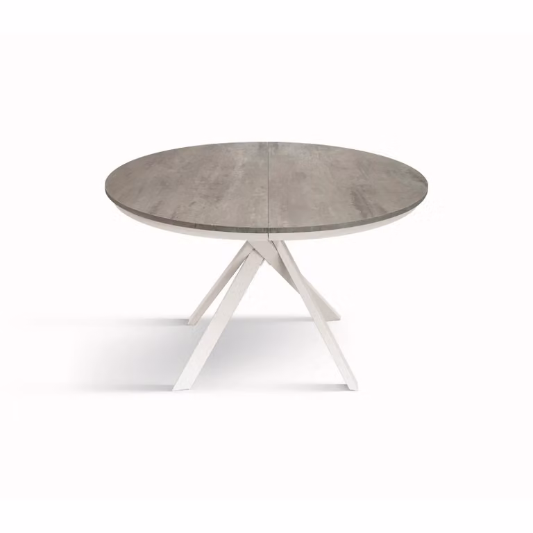 Tavolo rotondo PANTELLERIA in legno effetto grigio cemento con gambe incrociate in metallo bianco, allungabile ⌀120 cm – 170 cm