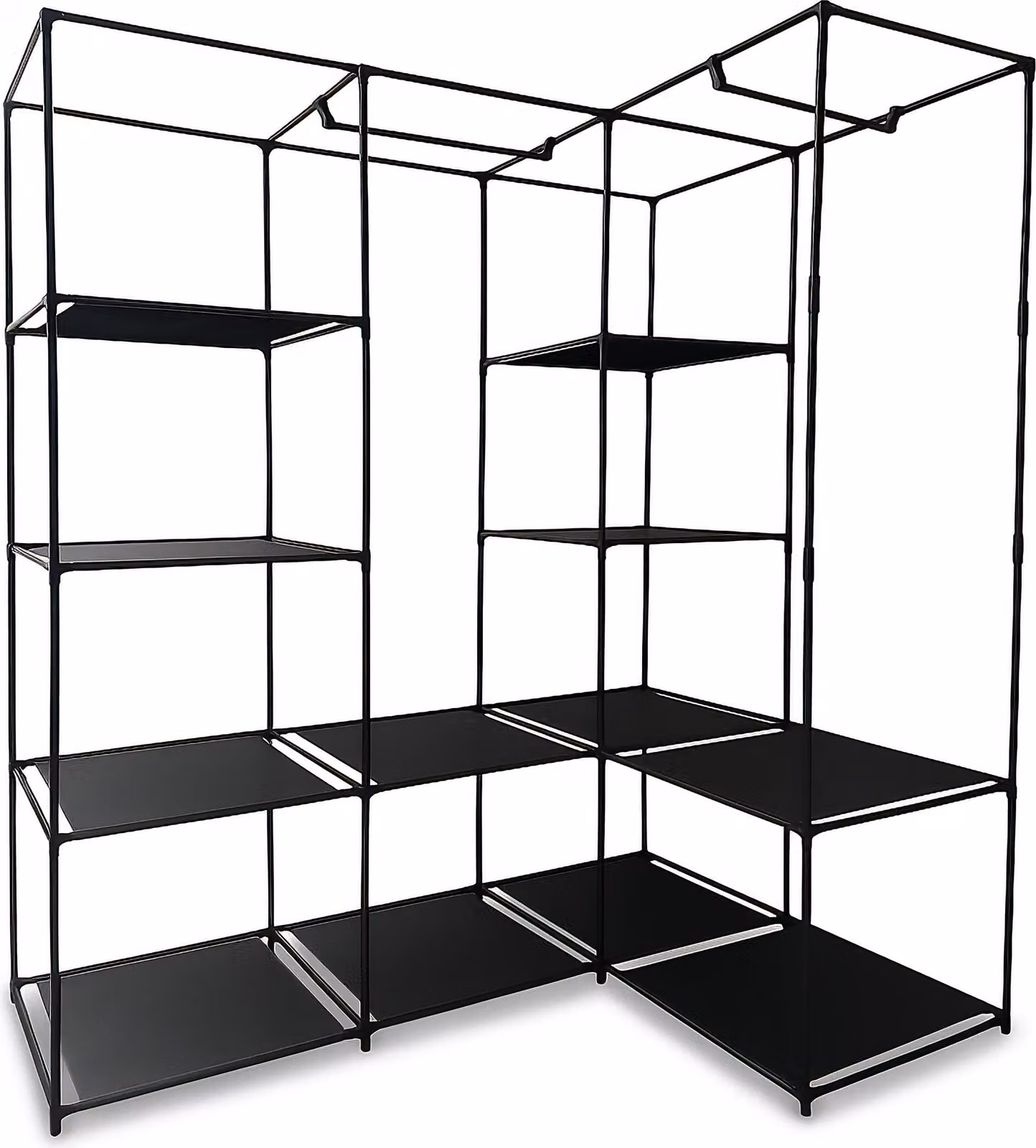 Armadio angolare Relaxdays, L x P x A: 170 x 130 x 8 cm, 2 aste appendiabiti, 12 ripiani, ferro, tessuto non tessuto, armadio aperto, nero