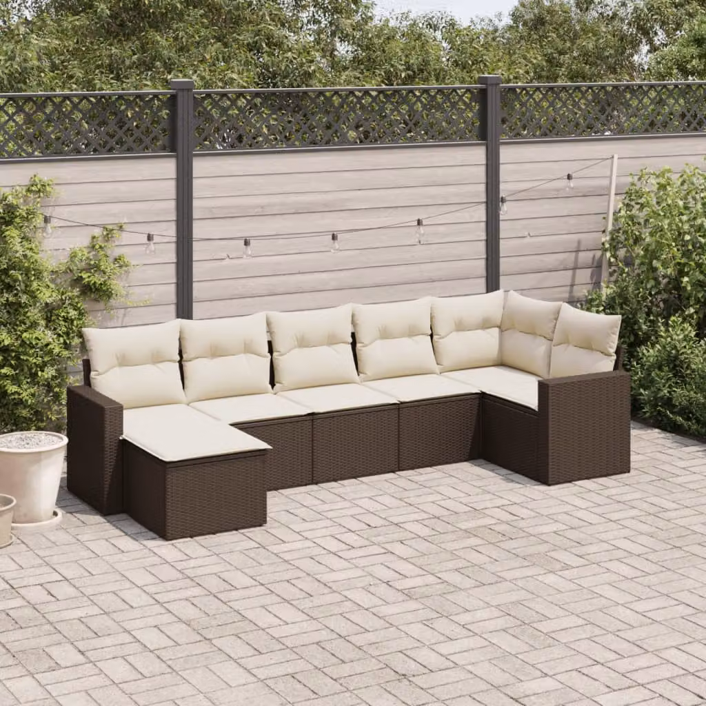 Set di divani da giardino vidaXL in polyrattan marrone con cuscini bianchi, 7 pezzi, design moderno a L con elementi angolari e pouf – 1