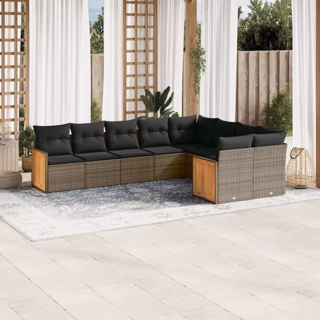 vidaXL Set Divano da Giardino a L in Polyrattan e Legno di Acacia con Cuscini, 9 Pezzi, Grigio