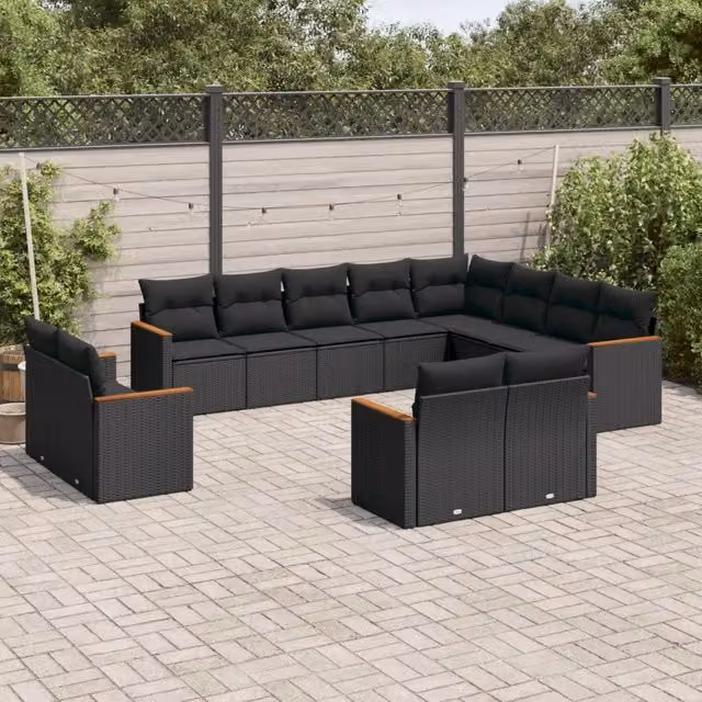 Set di divani da giardino VIDAXL a forma di U in polyrattan nero con cuscini, 12 posti