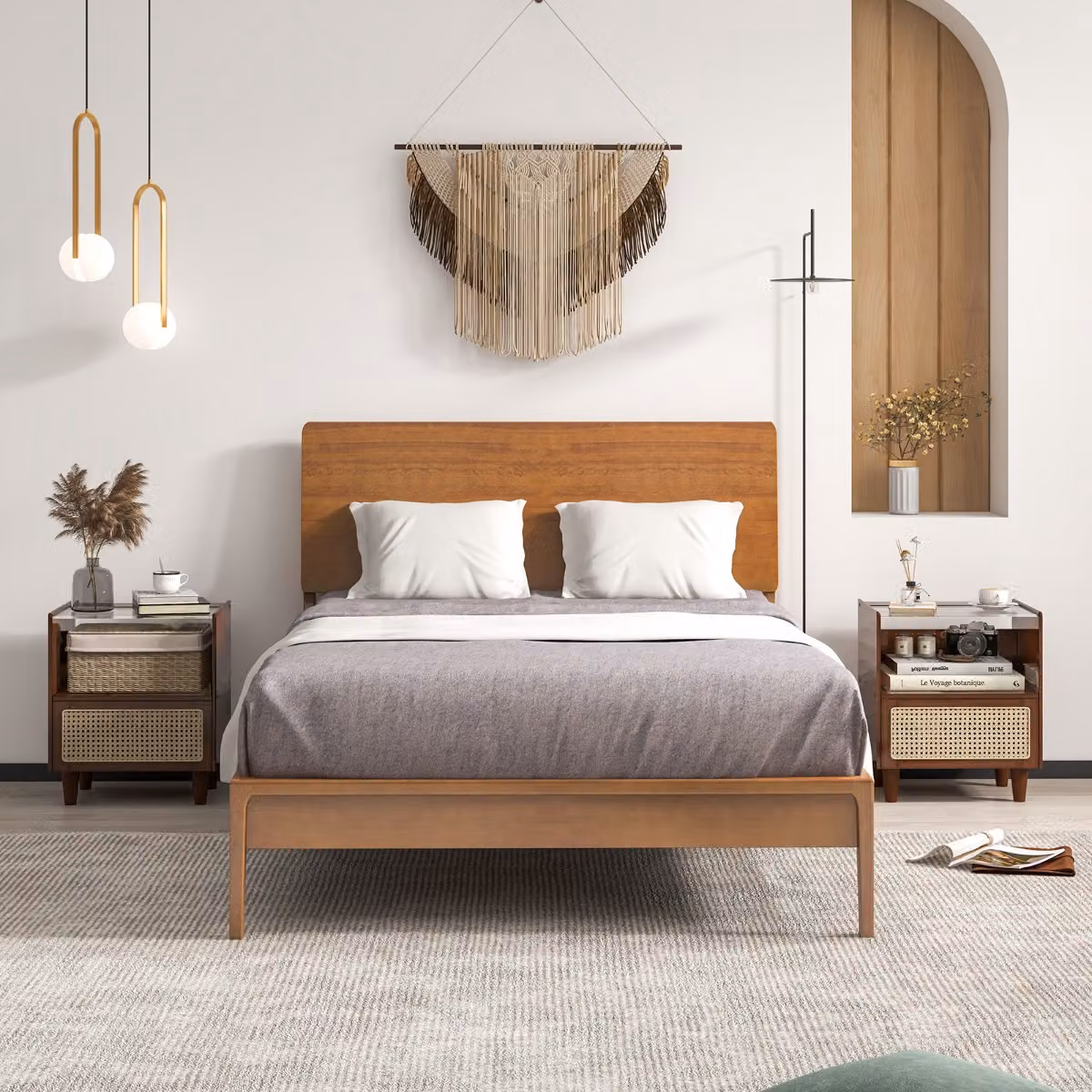 Costway Comodino Boho in Bambù e Rattan Marrone con Cassetto e Gambe in Legno Massello, L: 43 cm, P: 35 cm, H: 50 cm – 2