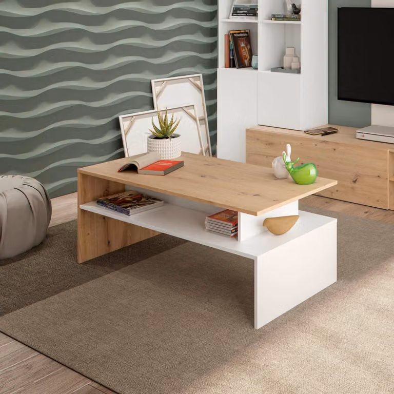Dmora Tavolino da Salotto Bartolomea 50x108x43h cm Bianco Lucido, 2 Vani Piano Fisso, con Vano Portaoggetti, Bordi in Melaminico, Piedini in abs
