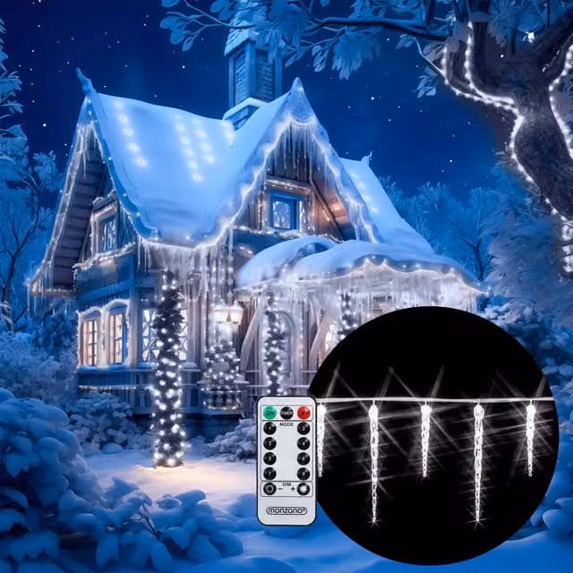 Luci di Natale a Ghiacciolo Monzana con 40 LED Bianchi, Lunghezza: 10,4 m, con Telecomando, Timer e Dimmerabile, Impermeabili IP44