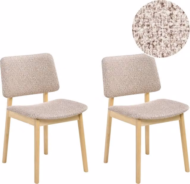 Set di 2 sedie da pranzo marrone chiaro e tortora con struttura in legno di gomma e seduta bouclé, design retrò senza braccioli