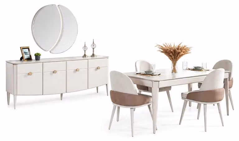 Set per sala da pranzo: tavolo da pranzo con 4 sedie, mobili in legno, credenza, specchio