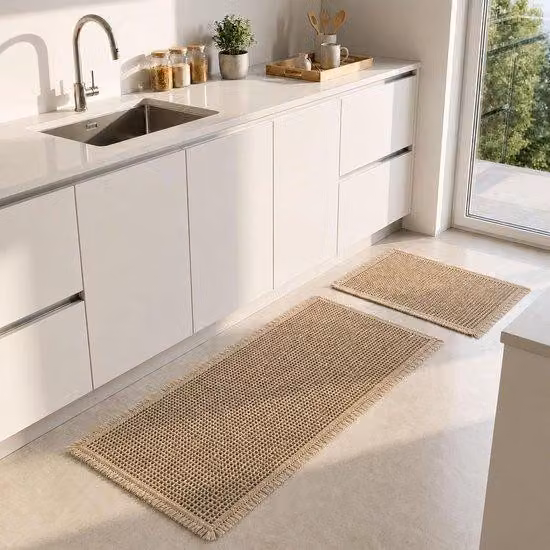 SnelShoppen - Set di tappetini da bagno URMONA, 2 pezzi, 50 x 121 cm + 43 x 61 cm, tappetini da bagno in stile bohémien, lavabili, antiscivolo, tappetino per la doccia per il bagno, marrone, adatti per la doccia e il bagno